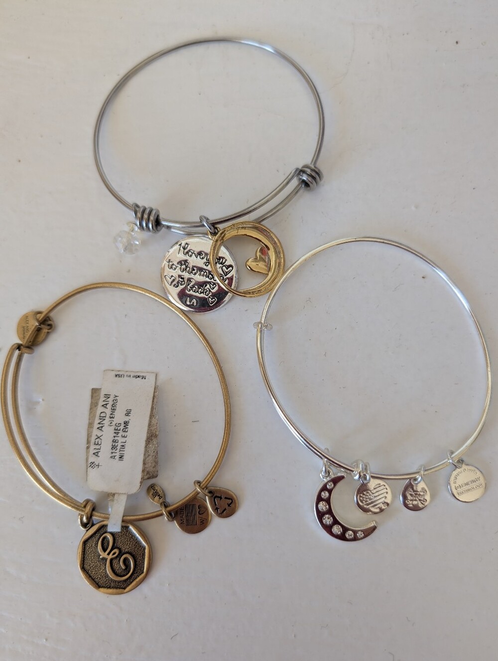 Alex and Ani Mixed Silver and Gold Charm Bangle 2 Signed 1 Unsigned